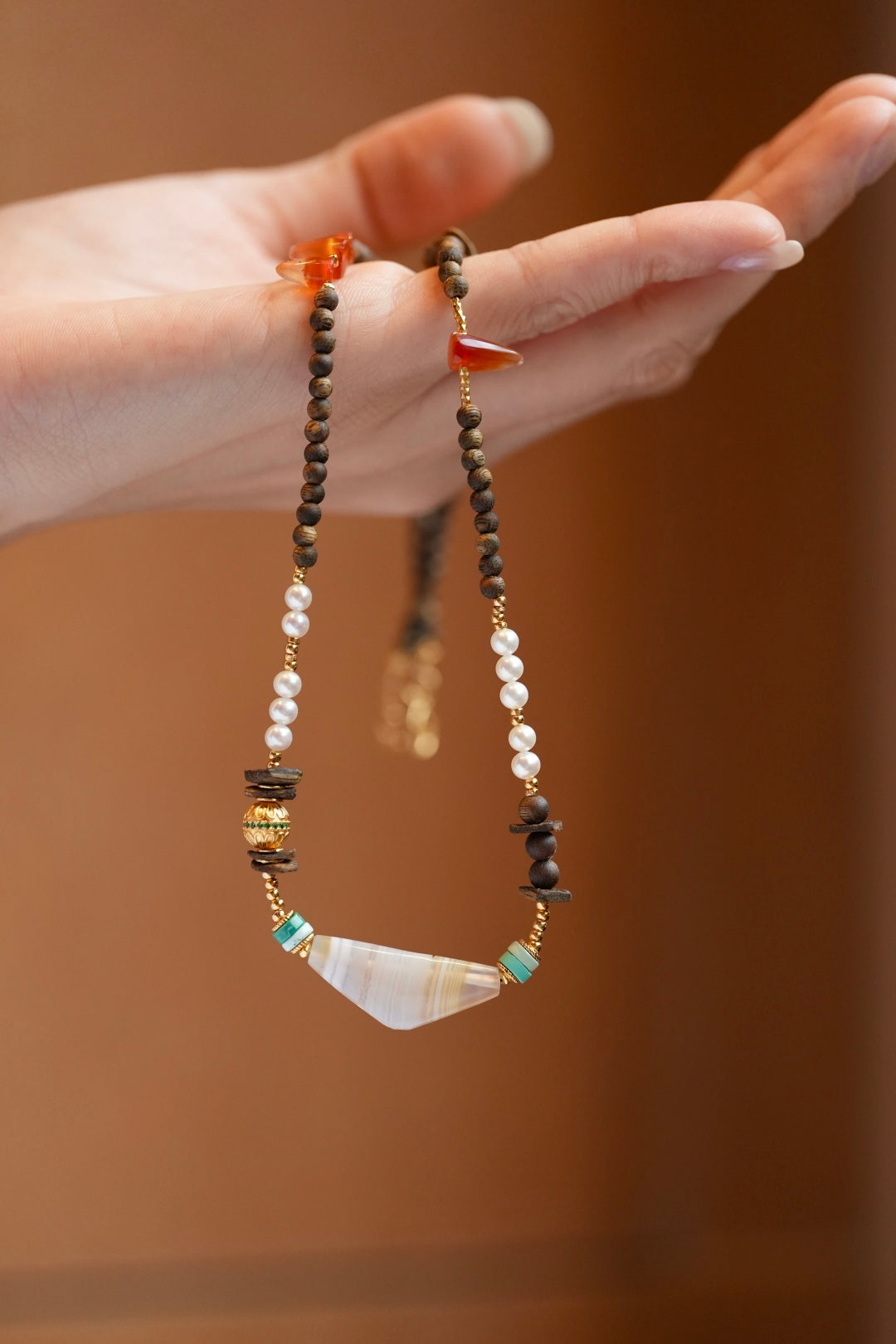 Kynam Agarwood Necklace, Freshwater Pearl, Turquoise & Carnelian