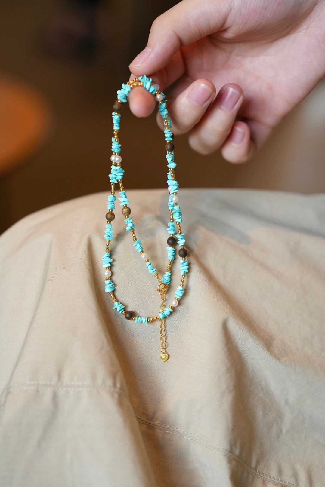 Kynam Agarwood Necklace, Sky-Blue Turquoise & Pearl, Freeform Chips