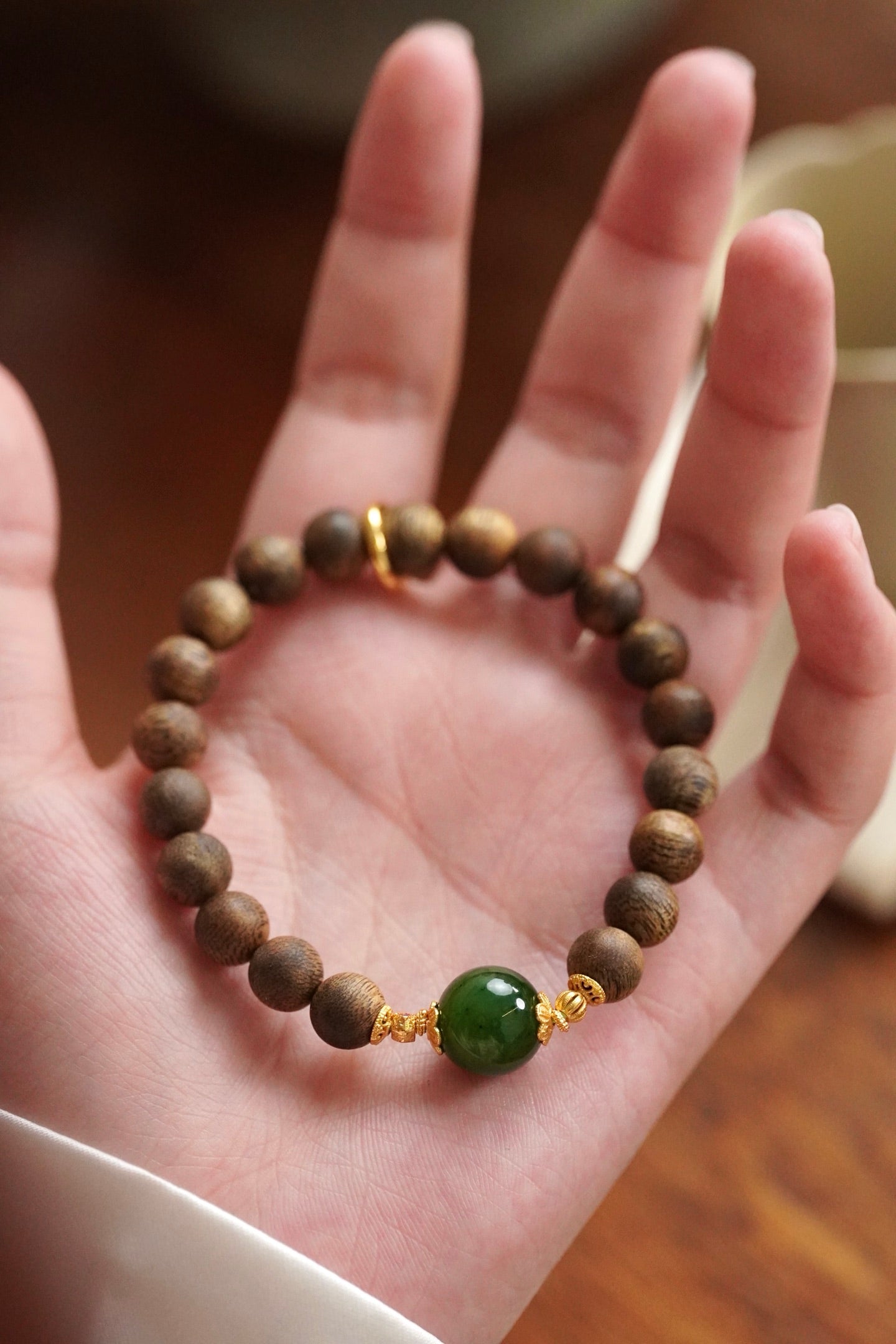 Kynam Agarwood Bracelet, Spinach-Green Nephrite Jade Focal Bead