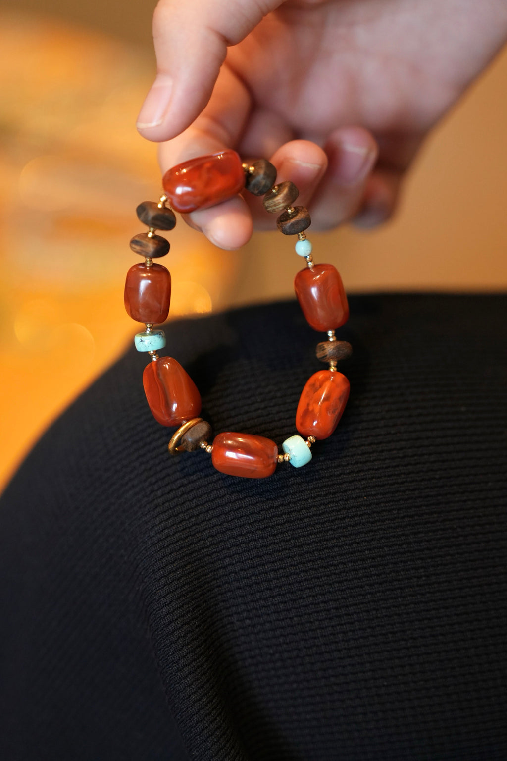 Kynam Agarwood Bracelet, South Red Agate & Turquoise