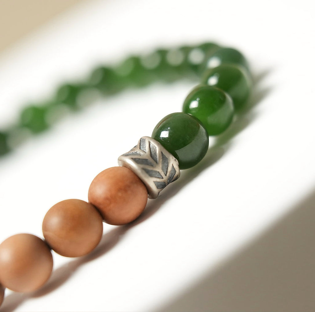 Mysore Sandalwood Bracelet, Green Nephrite Jade