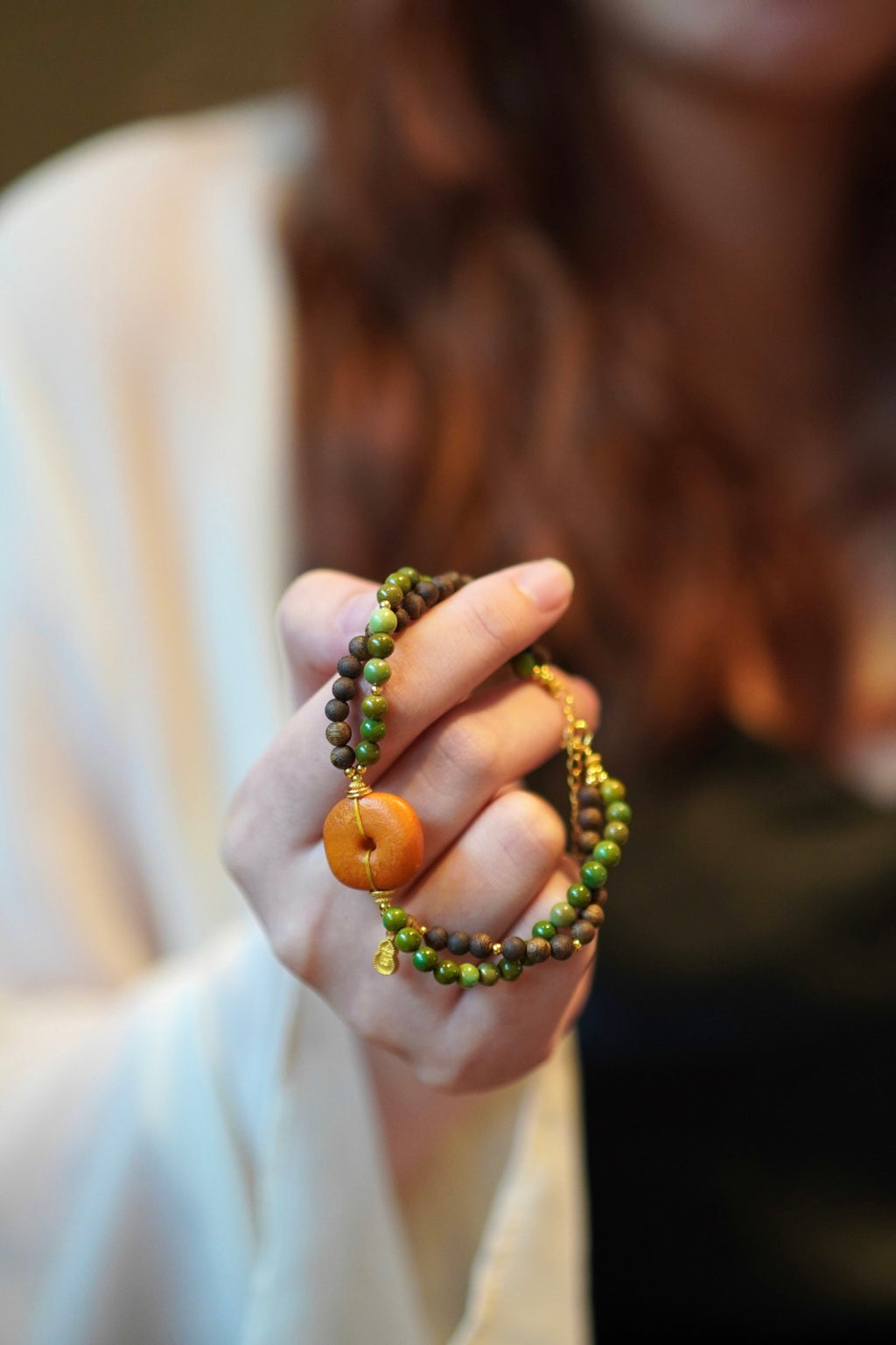 Kynam Agarwood & Turquoise Bracelet, Old Beeswax Amber Disc Focal