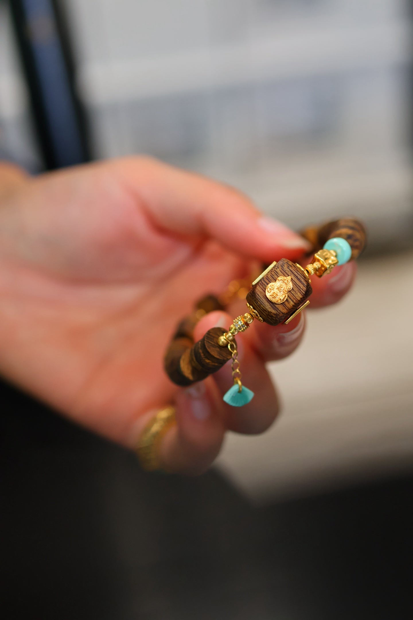 Kynam Agarwood Bracelet, Carved Focal Cube & Sky-Blue Turquoise