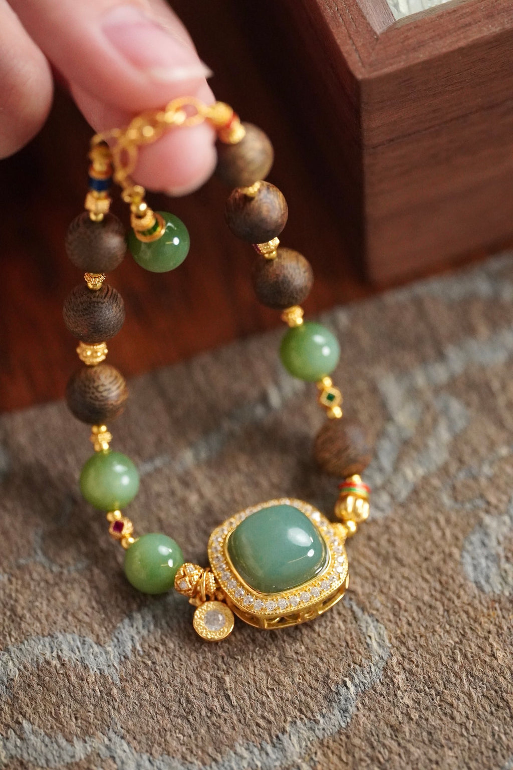 Kynam Agarwood Bracelet, Cat's-Eye Nephrite Jade & Duck-Egg Blue Peace Medallion