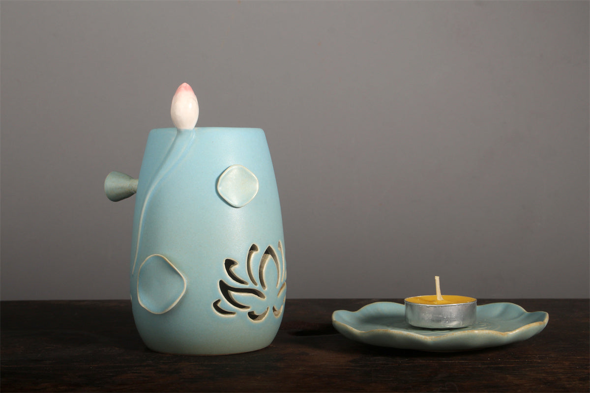 Lotus Ceramic Incense Warmer, Celadon Glaze with Candle Heating