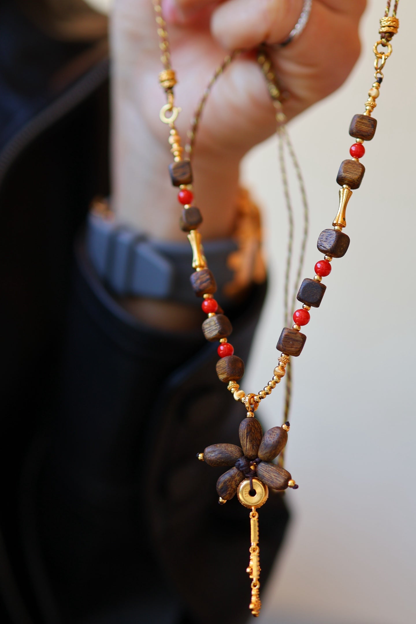 Kynam Agarwood Necklace, Red Coral & Flower Pendant, Handmade Cord