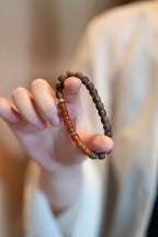 Kynam Agarwood & South Red Agate Bracelet, Half-and-Half, Barrel Cut, Gem-Set Spacers, 7 mm