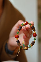 Kynam Agarwood Bracelet, South Red Agate & Green Jade, Treasure Bowl Charm