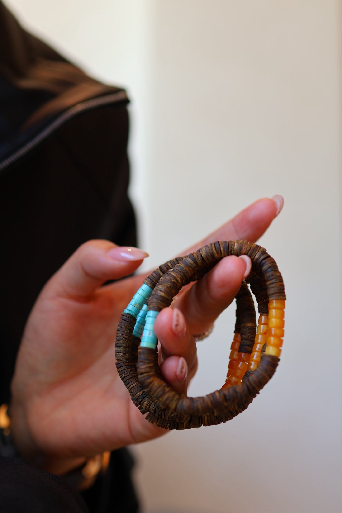 Kynam Agarwood Bracelet, Sky-Blue Turquoise & Beeswax Amber, 6.5mm