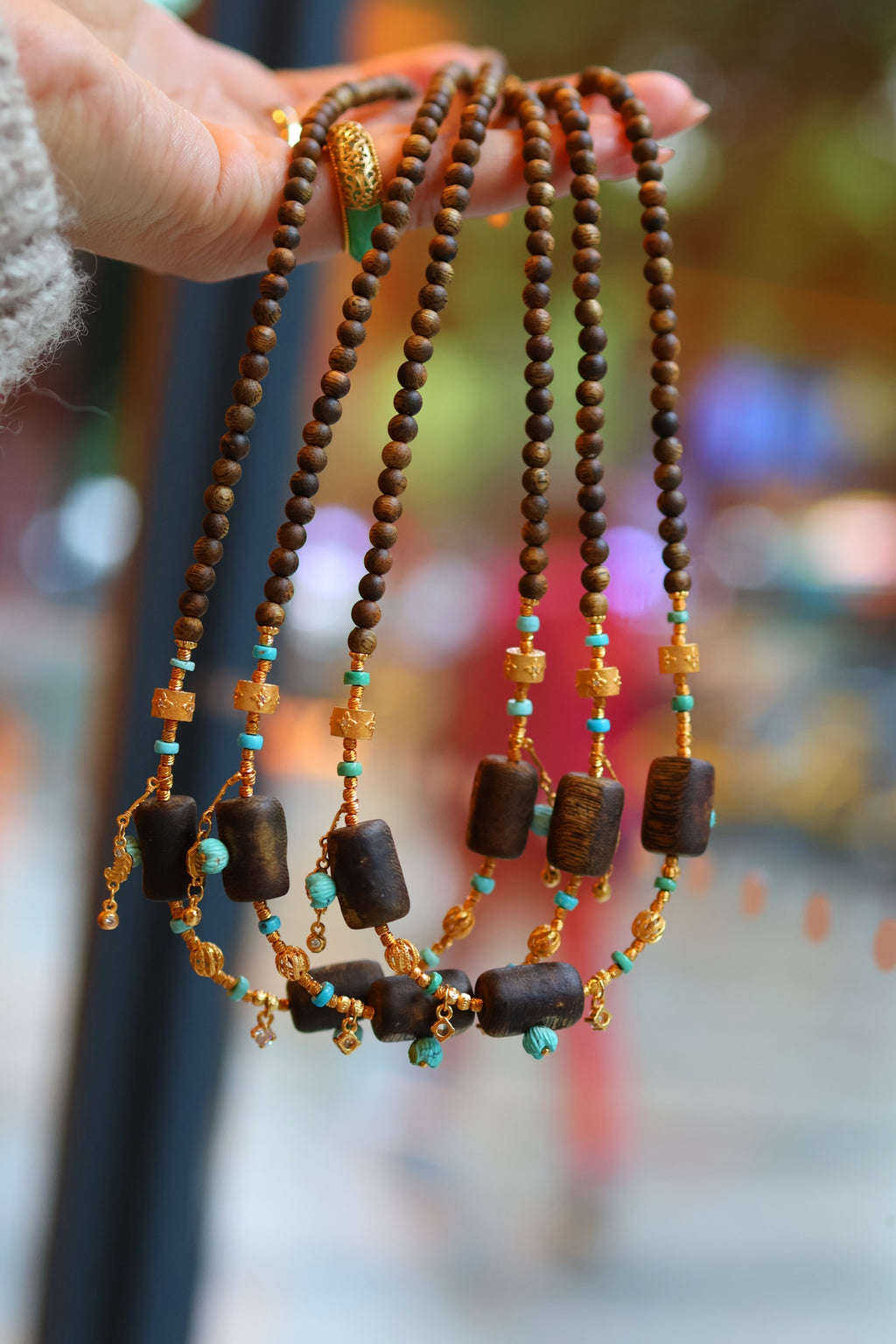 Kynam Agarwood Necklace, Sky-Blue Turquoise & Carved Flower Drops, 4.5mm, 45cm
