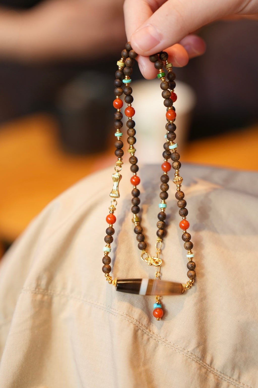 Kynam Agarwood Necklace, South Red Agate, Turquoise & Wound-Silk Agate
