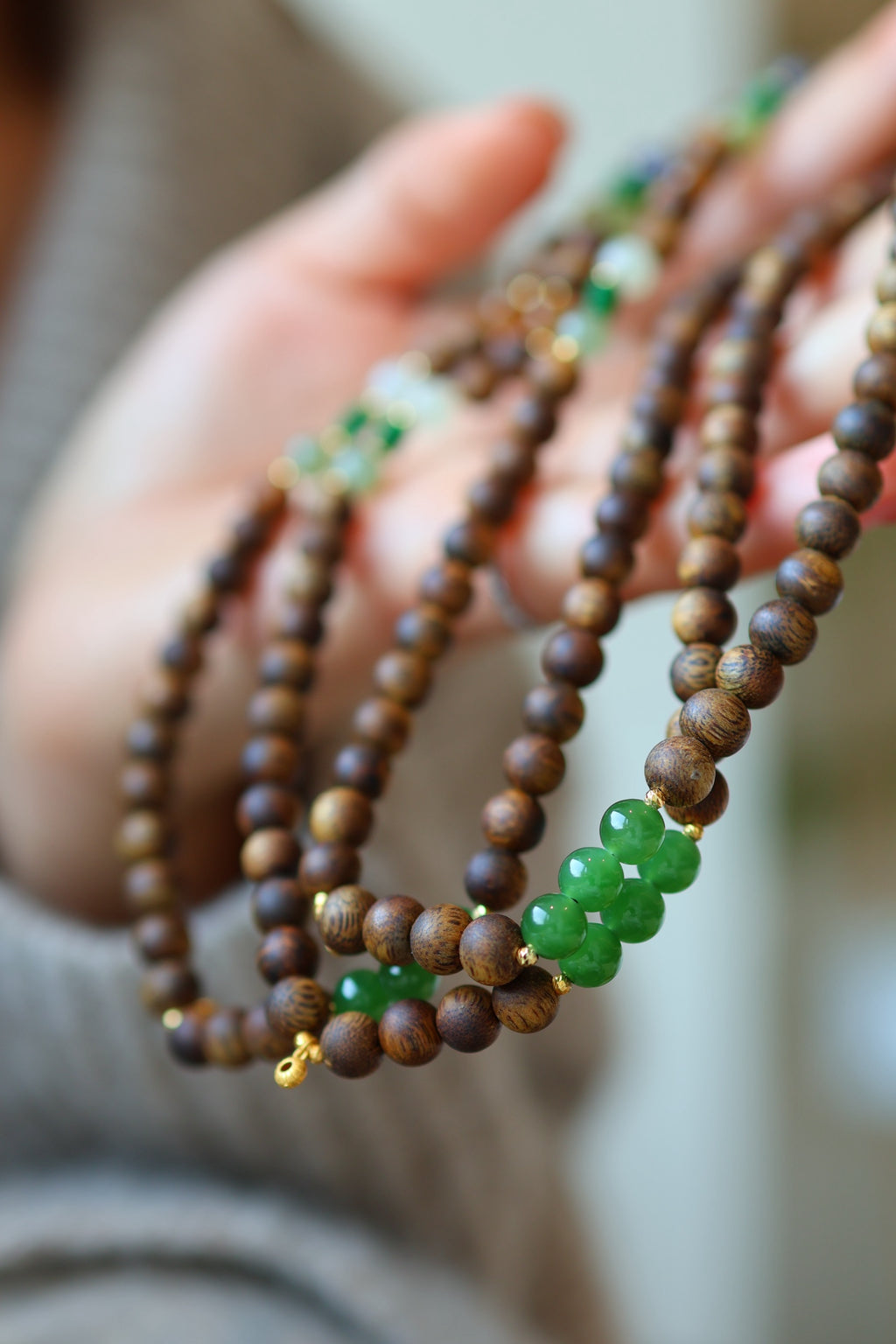 Kynam Agarwood Wrap Bracelet, Jadeite Accents, 6mm