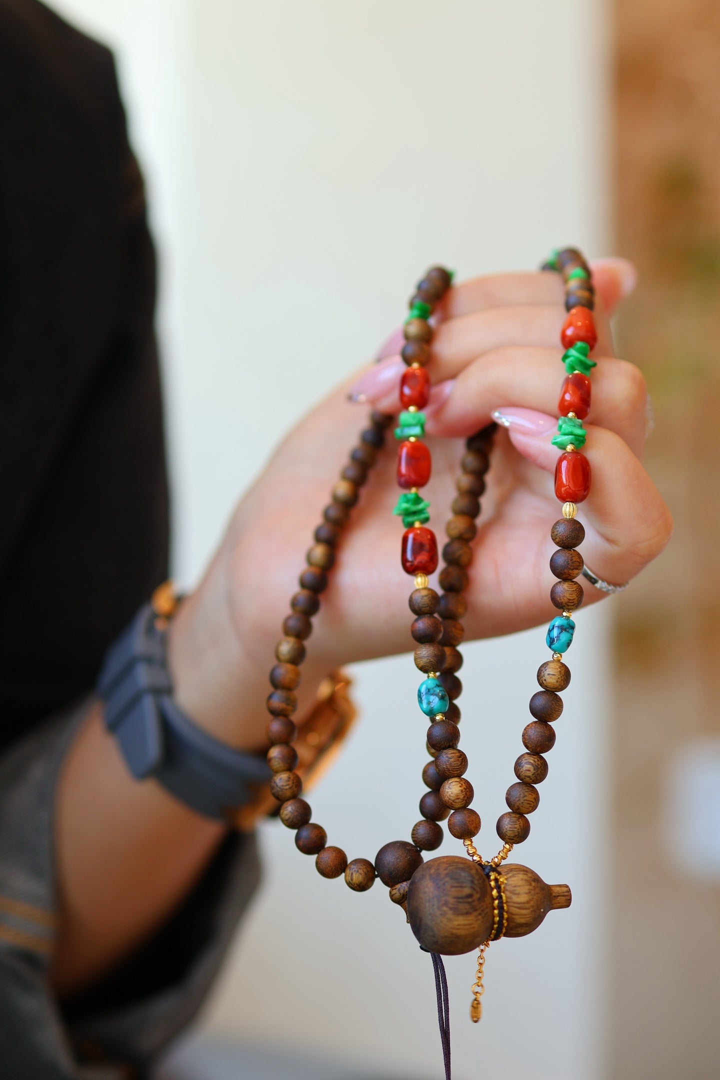 Kynam Agarwood Necklace, Carved Gourd Pendant, South Red & Jadeite
