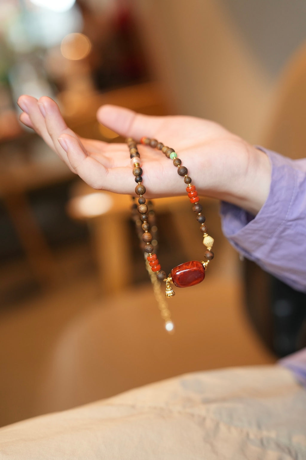 Kynam Agarwood Necklace, South Red Agate Focal, Turquoise & Pearl Accents