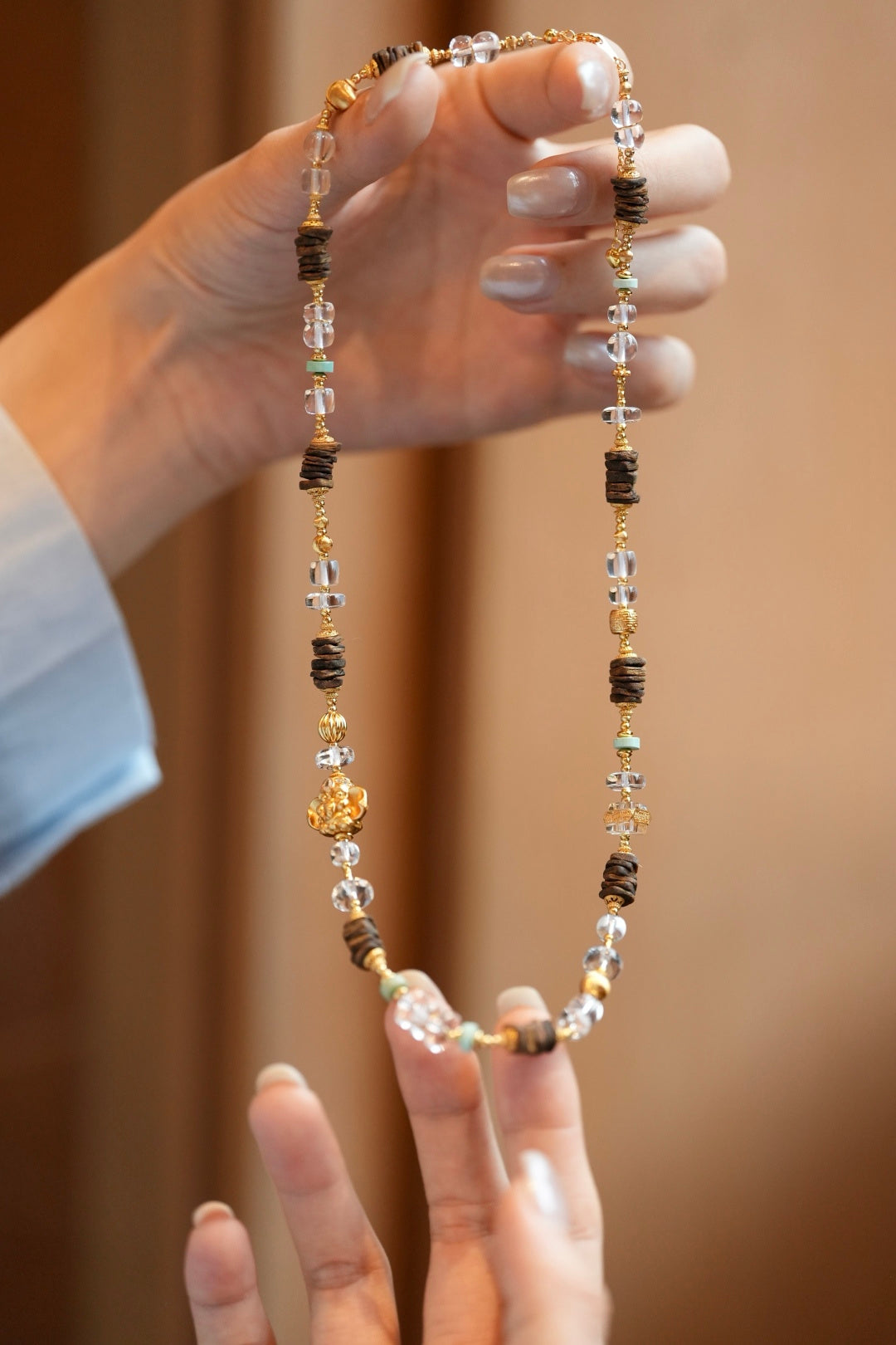 Kynam Agarwood Necklace, White Crystal, Turquoise & Ganesha