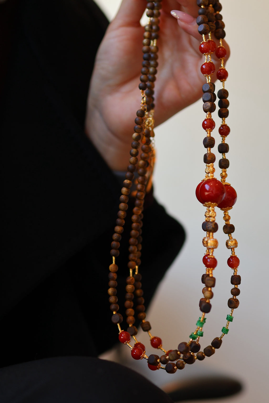 Kynam Agarwood Necklace, South Red Agate, Jadeite & Turquoise, 56cm