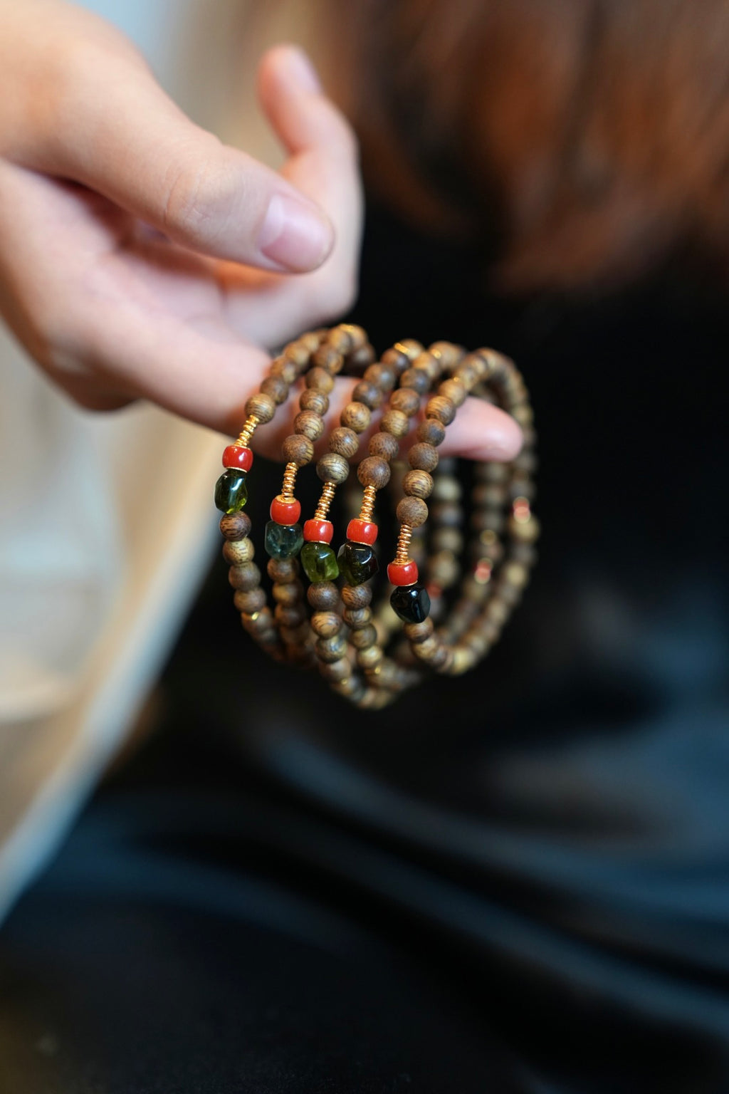 Kynam Agarwood Bracelet, Old-Mine Jade & Coral, 4mm