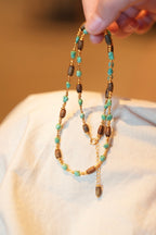 Kynam Agarwood & Turquoise Long Necklace, High-Porcelain Seed Stones, Barrel Beads