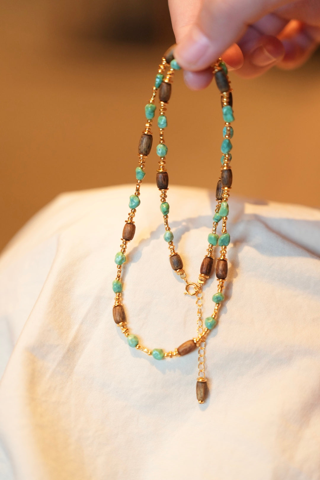 Kynam Agarwood & Turquoise Long Necklace, High-Porcelain Seed Stones, Barrel Beads