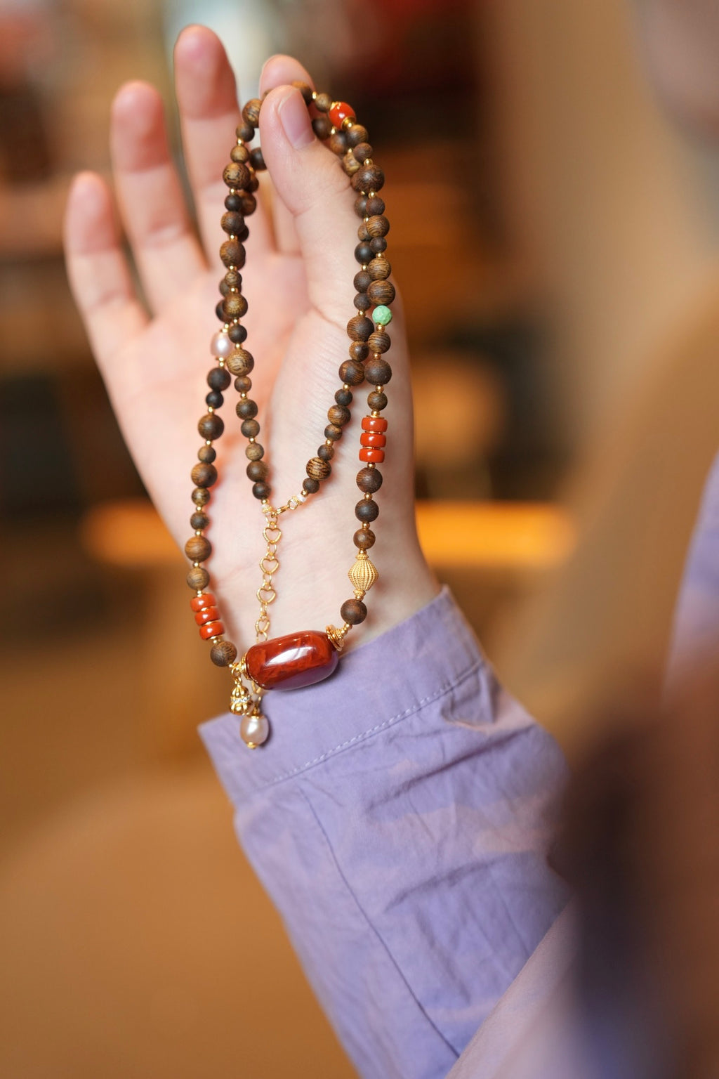 Kynam Agarwood Necklace, South Red Agate Focal, Turquoise & Pearl Accents