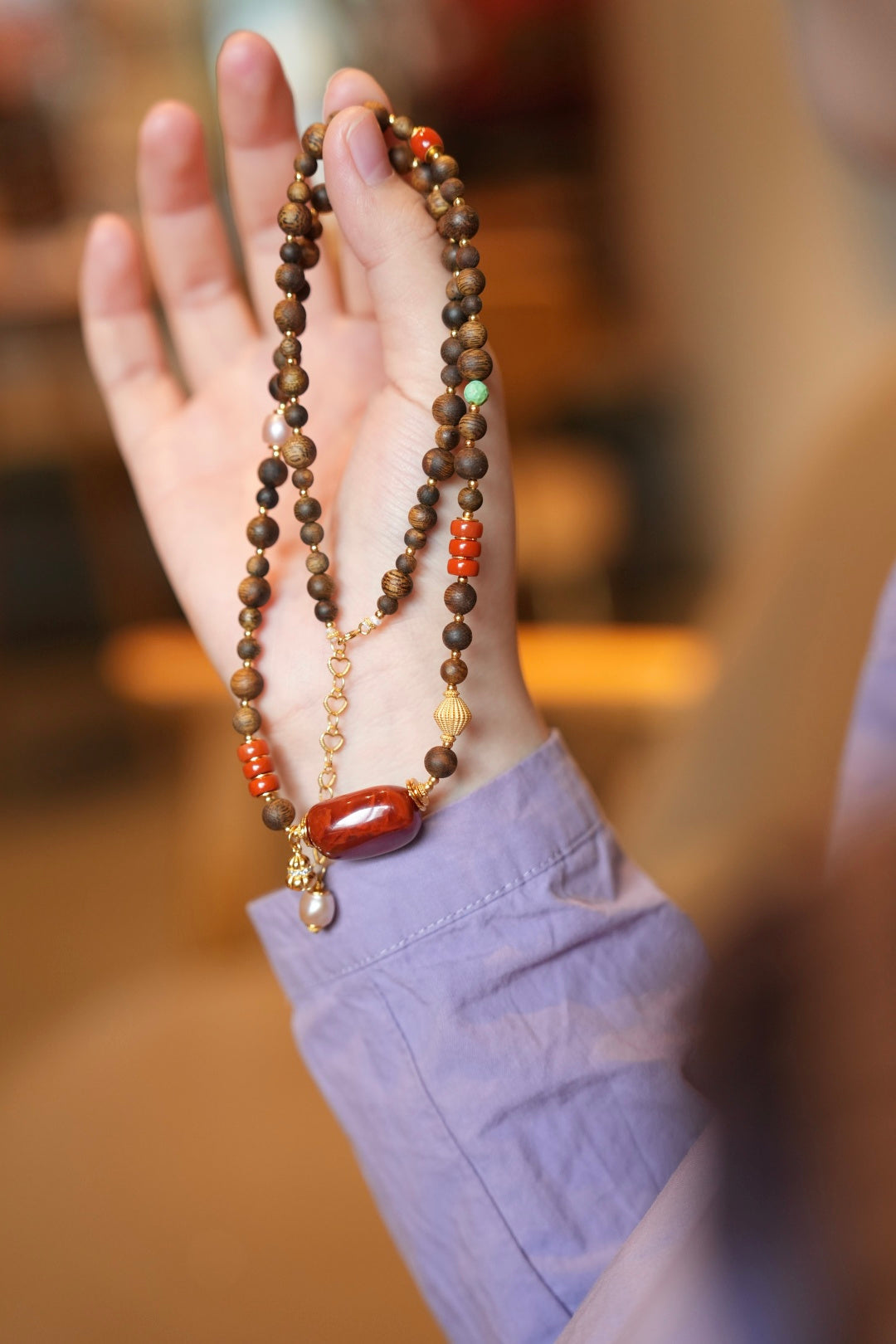 Kynam Agarwood Necklace, South Red Agate Focal, Turquoise & Pearl Accents