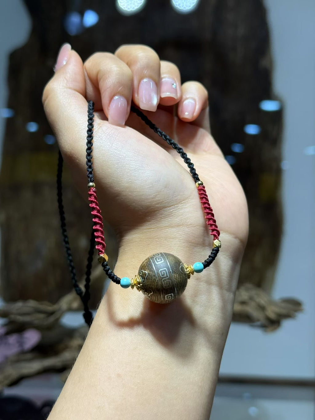 Kynam Agarwood Pendant Necklace, Carved Focal Bead, Handwoven Cord