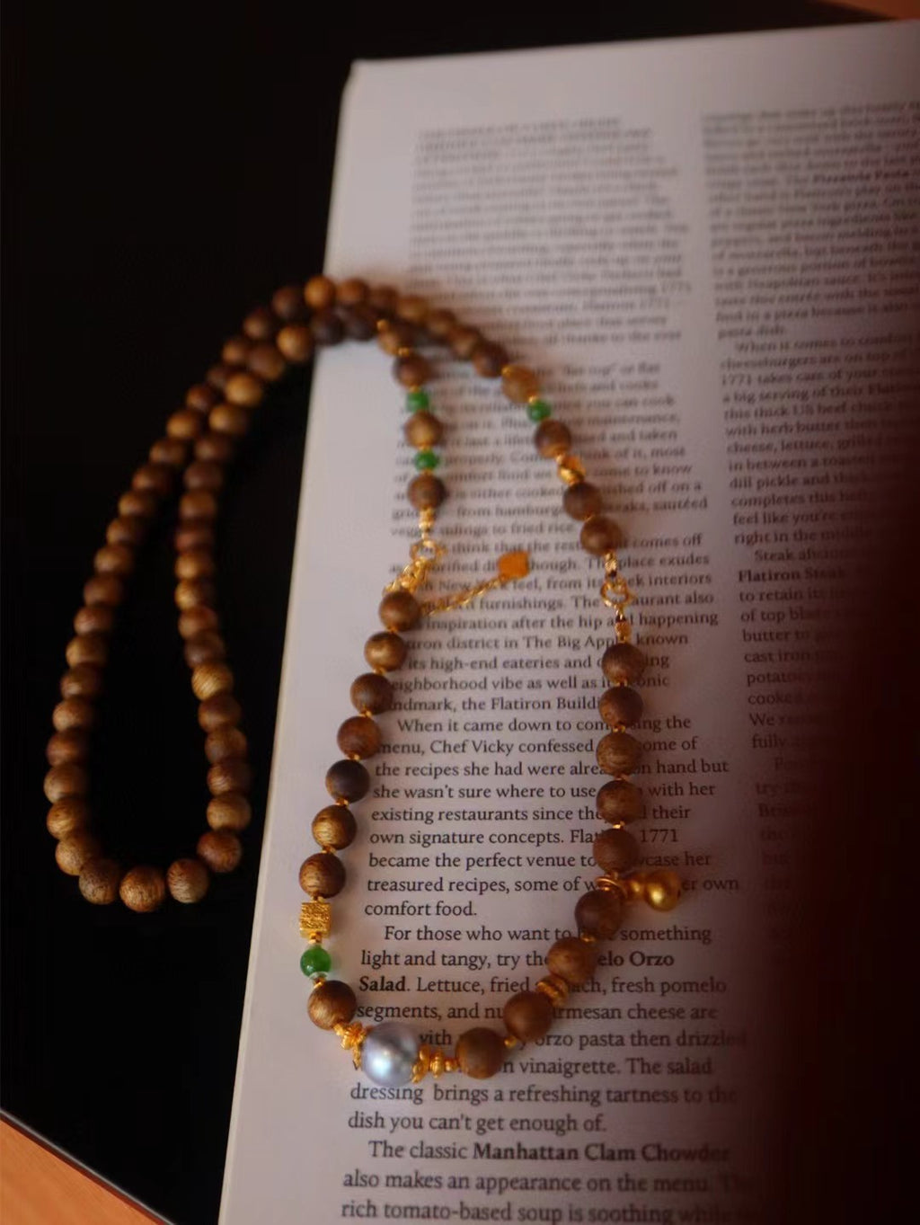Kynam Agarwood Necklace, Akoya Pearl, Nephrite Jade, 50 cm, Detachable Bracelet