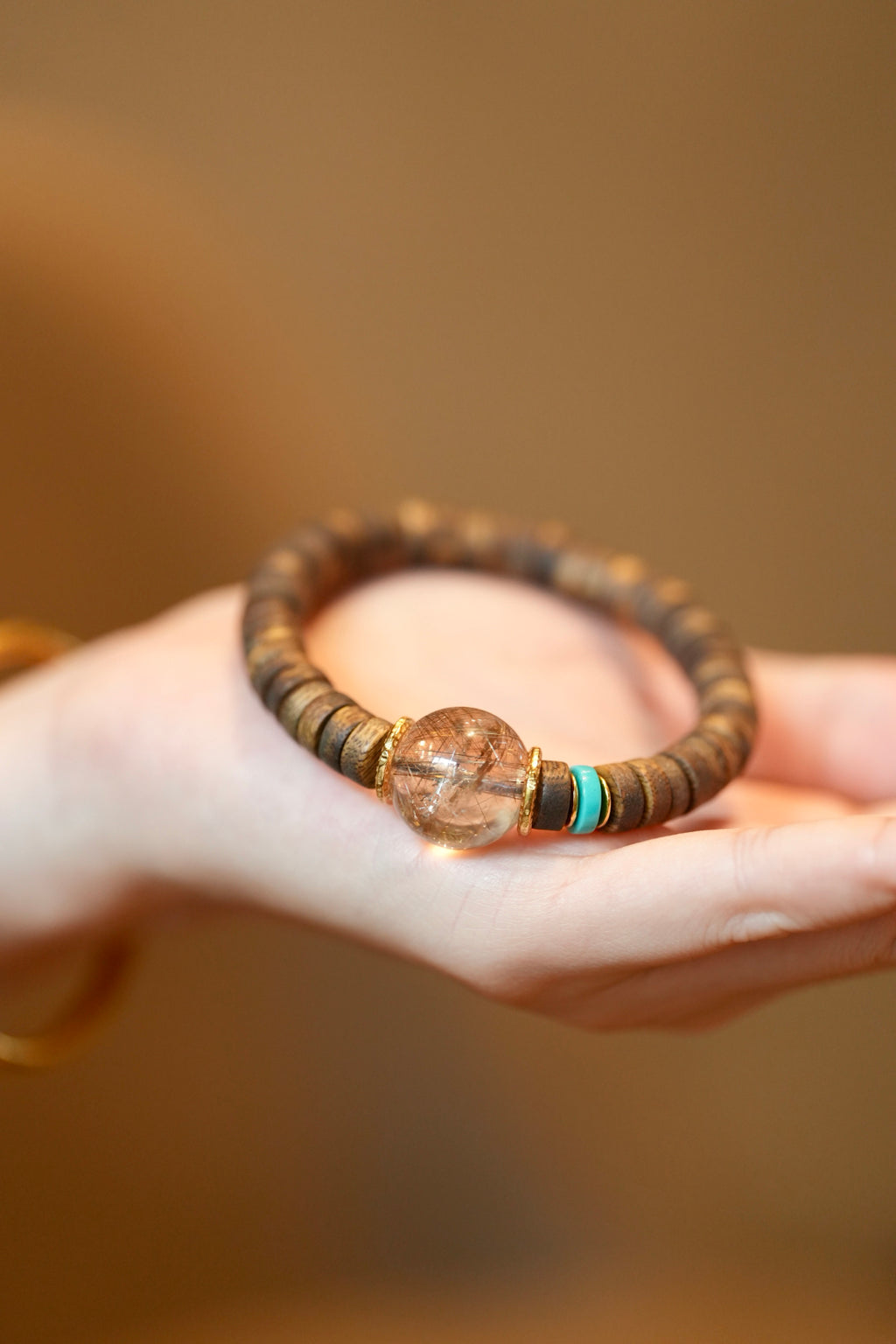 Kynam Agarwood Bracelet, Rutilated Quartz & Turquoise, Disc-Cut