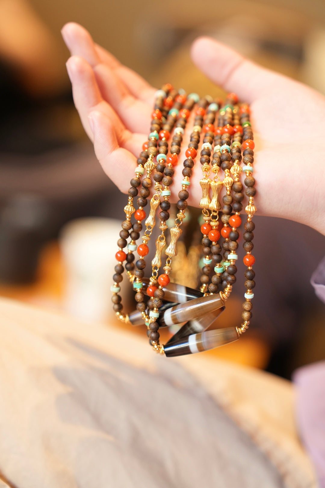 Kynam Agarwood Necklace, South Red Agate, Turquoise & Wound-Silk Agate