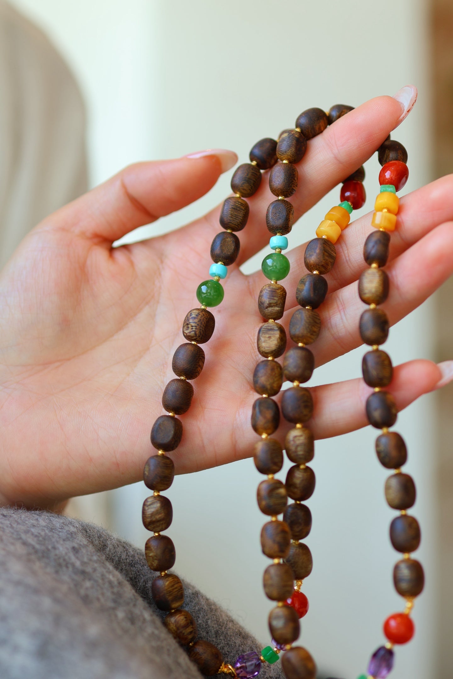 Kynam Agarwood Bracelet, Worm-Bore Beads, Five-Stone Accent & Tassel