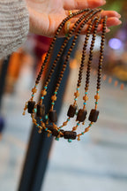 Kynam Agarwood Necklace, Sky-Blue Turquoise & Carved Flower Drops, 4.5mm, 45cm