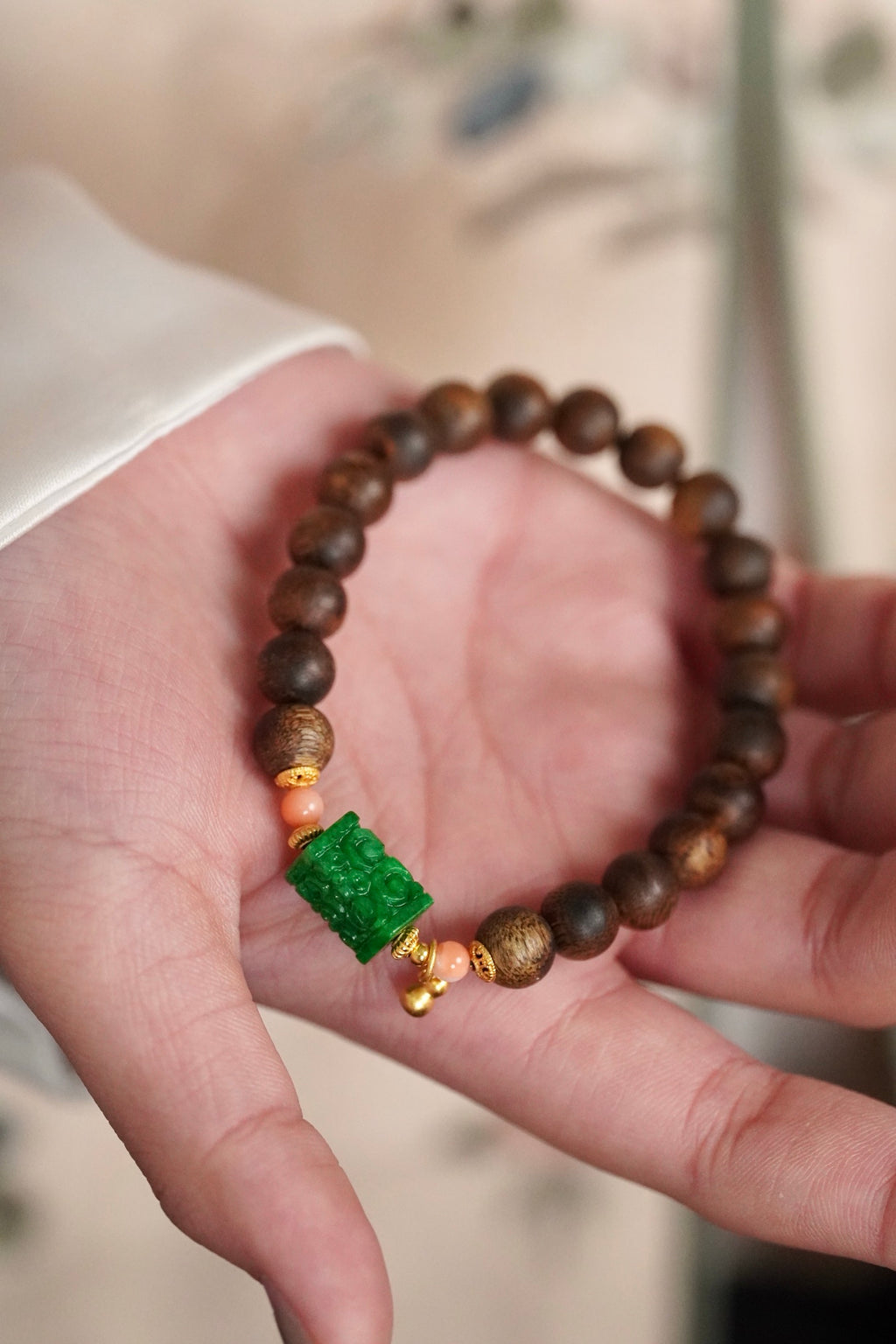 Kynam Agarwood Bracelet, Carved Imperial Green Jade & Pink Coral