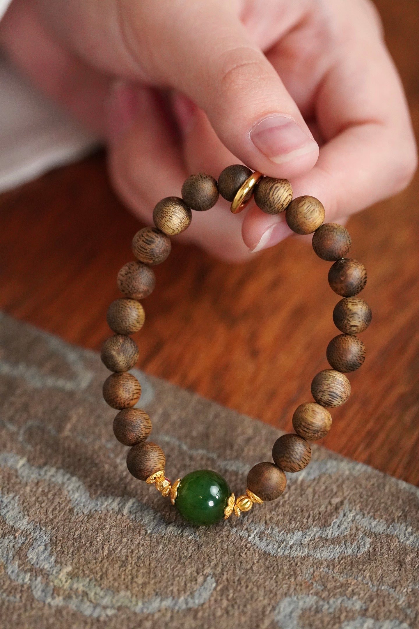 Kynam Agarwood Bracelet, Spinach-Green Nephrite Jade Focal Bead