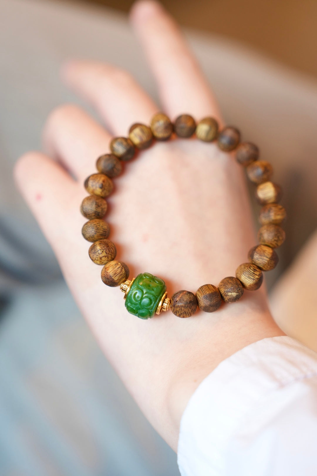 Kynam Agarwood Bracelet, Carved Nephrite Jade Focal
