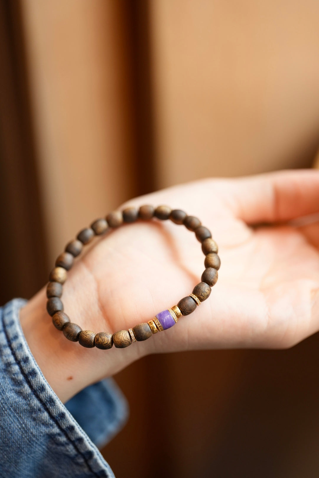 Kynam Agarwood Bracelet, Charoite & Crystal-Set Rondelles