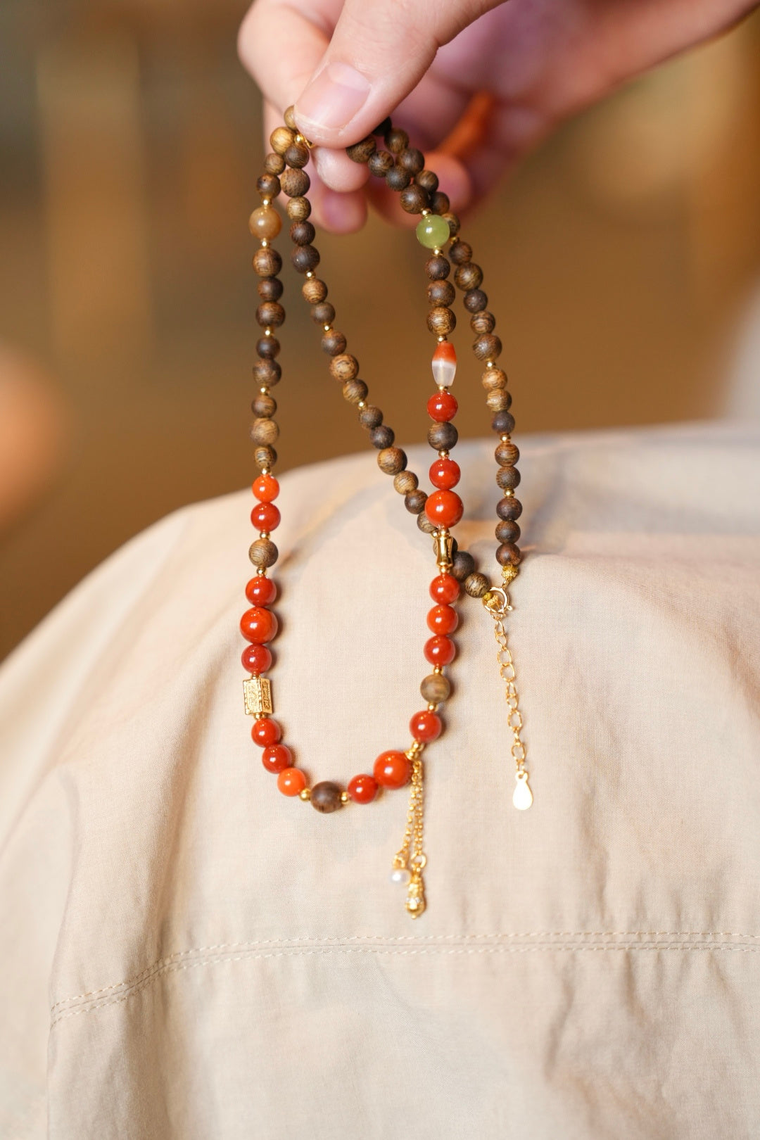 Kynam Agarwood Necklace, South Red Agate, Nephrite Jade & Carnelian