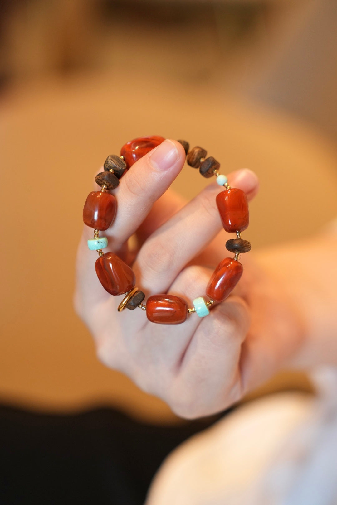 Kynam Agarwood Bracelet, South Red Agate & Turquoise
