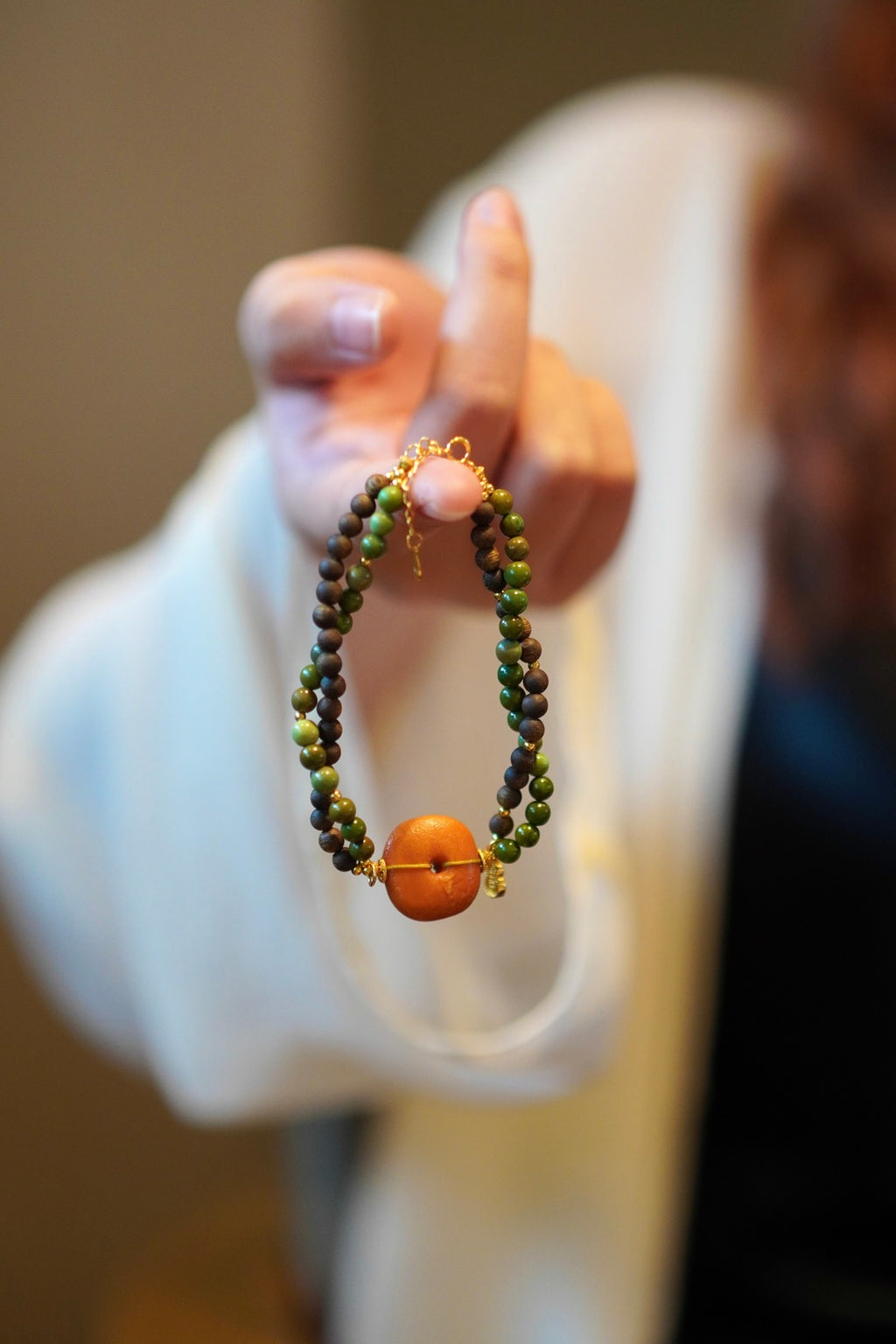 Kynam Agarwood & Turquoise Bracelet, Old Beeswax Amber Disc Focal