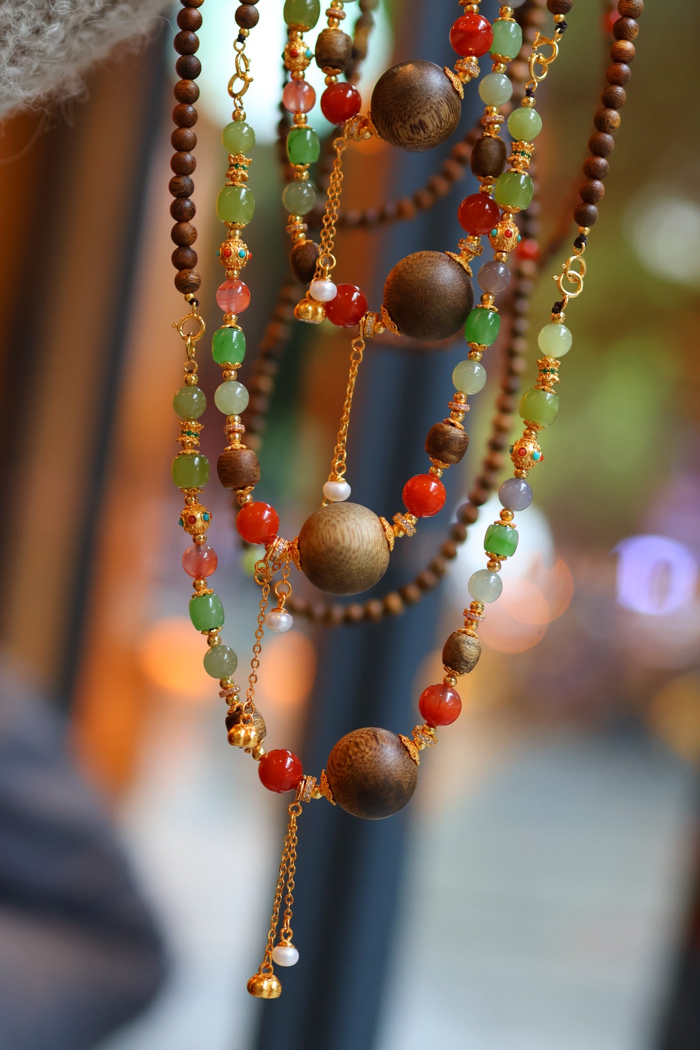 Kynam Agarwood Necklace, Jade, Carnelian, 16mm Focal Bead