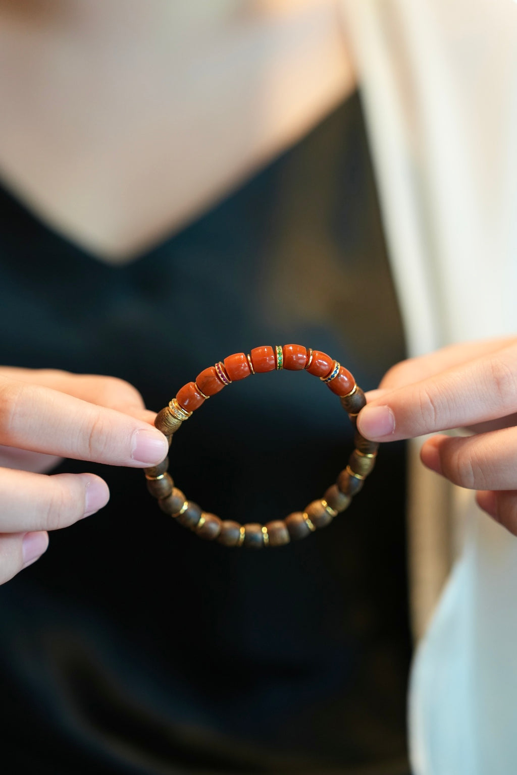 Kynam Agarwood & South Red Agate Bracelet, Half-and-Half, Barrel Cut, Gem-Set Spacers, 7 mm