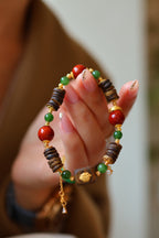 Kynam Agarwood Bracelet, South Red Agate & Green Jade, Treasure Bowl Charm