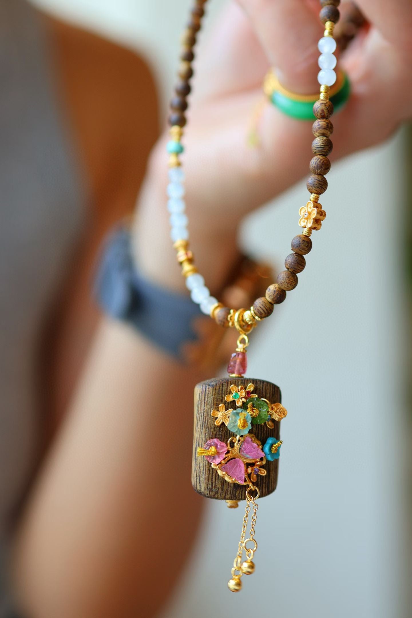 Kynam Agarwood Pendant Necklace, White Jade, Turquoise, and Tourmaline Butterfly