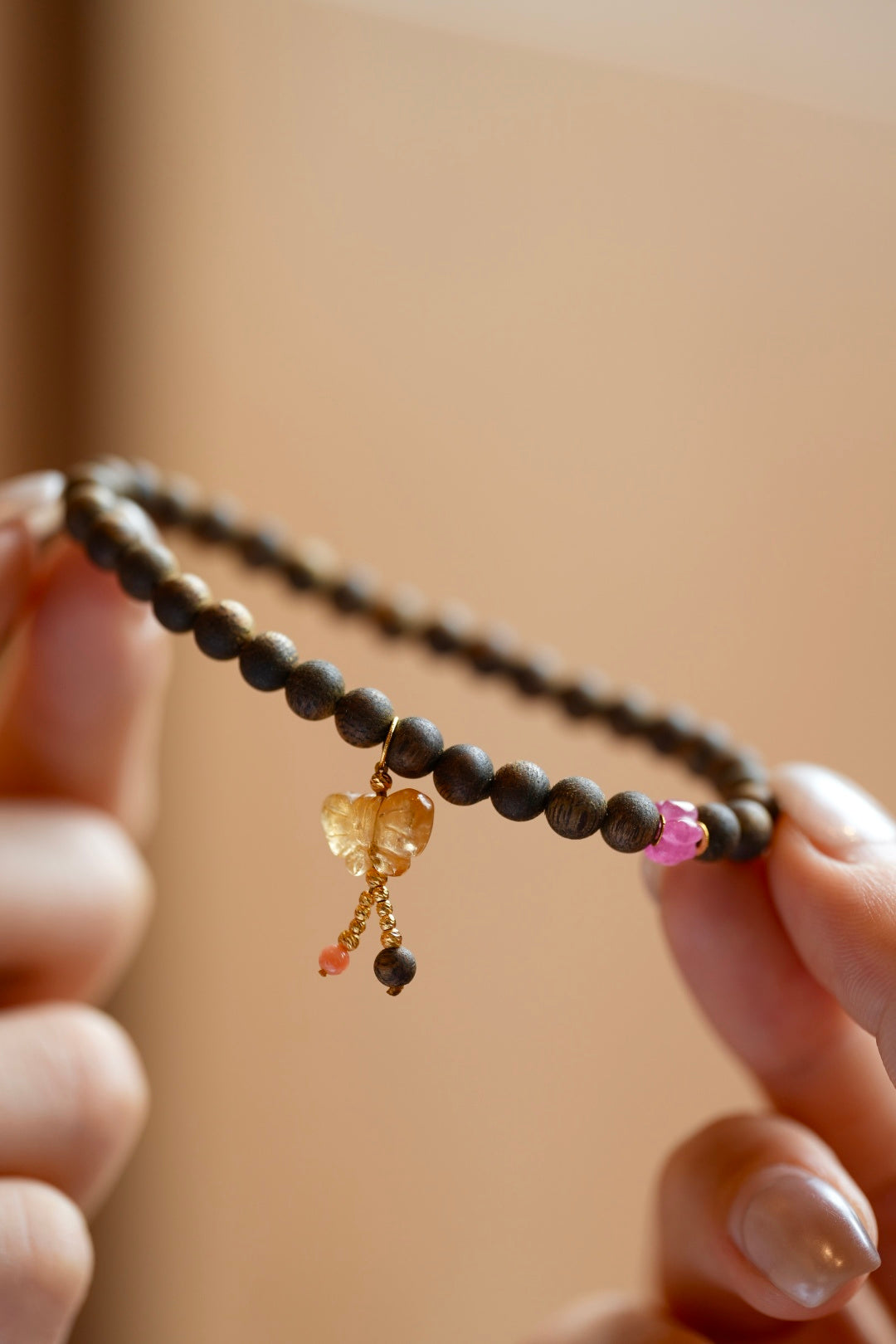 Kynam Agarwood Bracelet, Yellow Tourmaline Butterfly & Coral