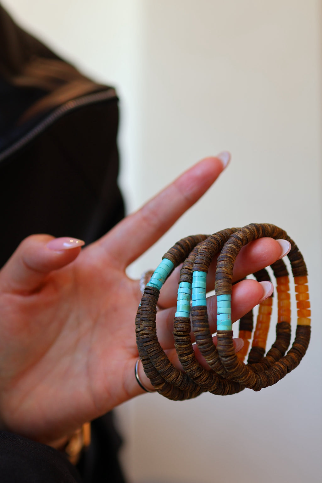 Kynam Agarwood Bracelet, Sky-Blue Turquoise & Beeswax Amber, 6.5mm