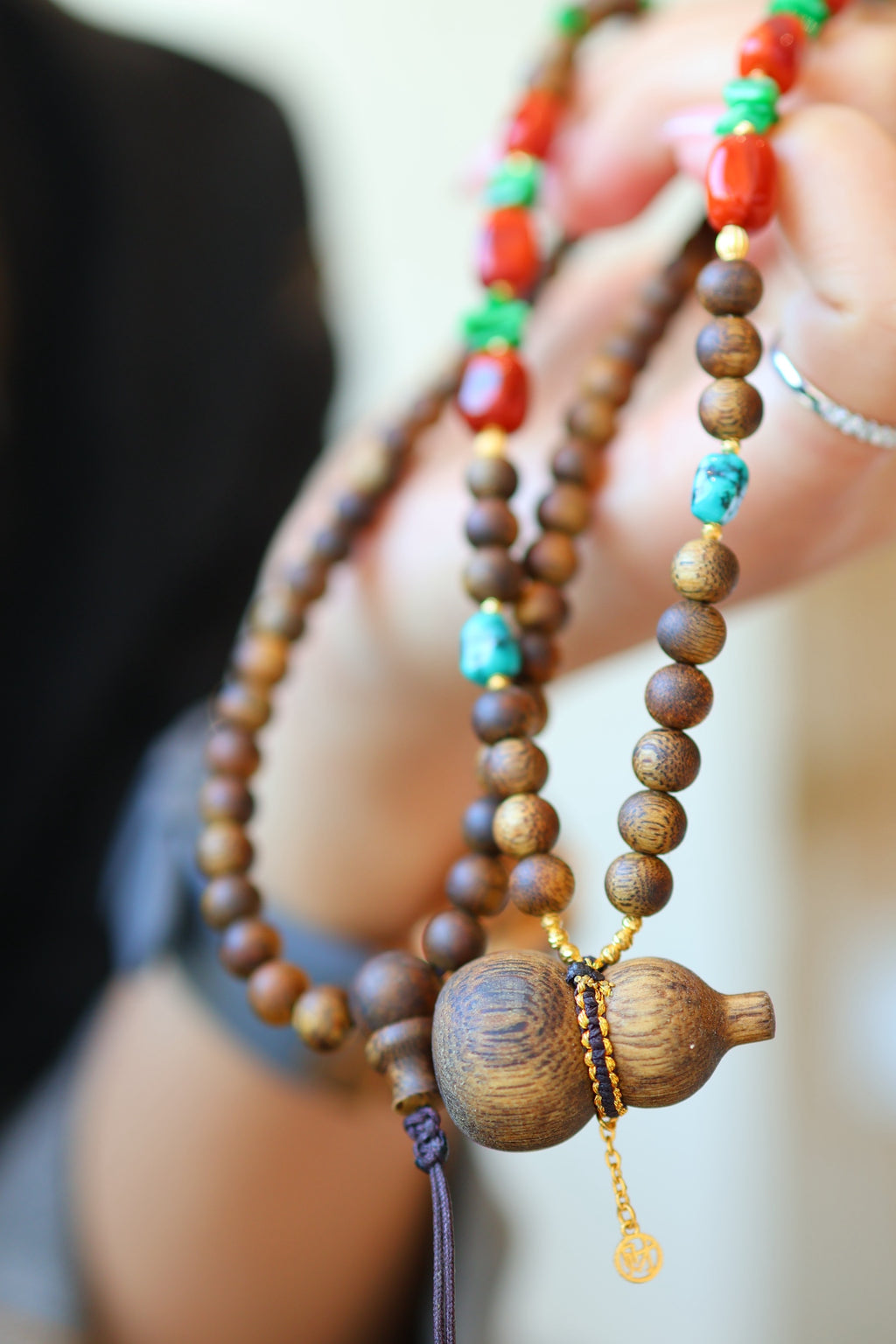 Kynam Agarwood Necklace, Carved Gourd Pendant, South Red & Jadeite