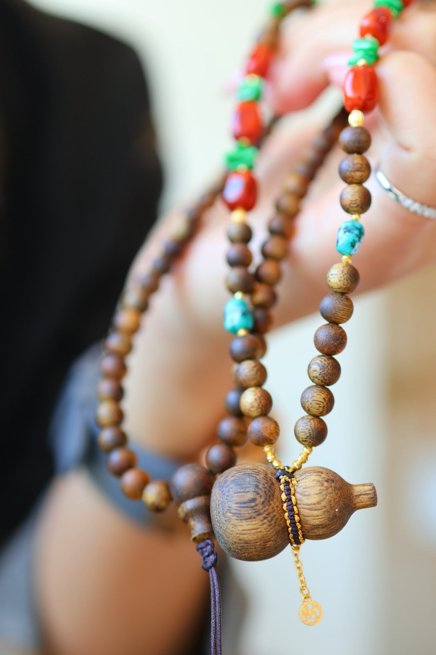 Kynam Agarwood Necklace, Carved Gourd Pendant, South Red & Jadeite