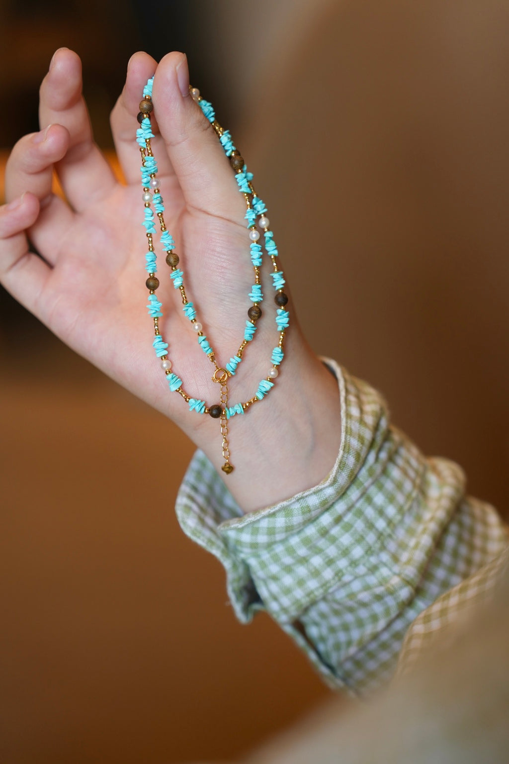 Kynam Agarwood Necklace, Sky-Blue Turquoise & Pearl, Freeform Chips
