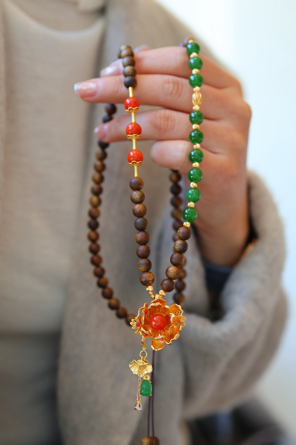 Kynam Agarwood Necklace, Jade, South Red Agate & Lotus Pendant