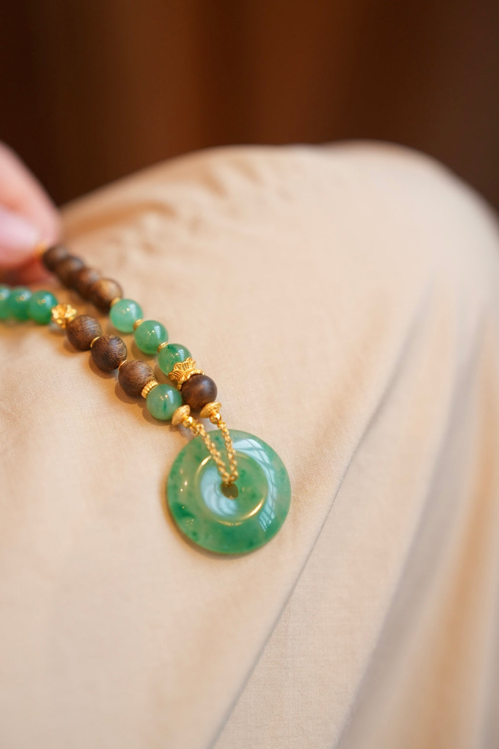 Kynam Agarwood Necklace, Green Aventurine & Peace-Clasp Pendant