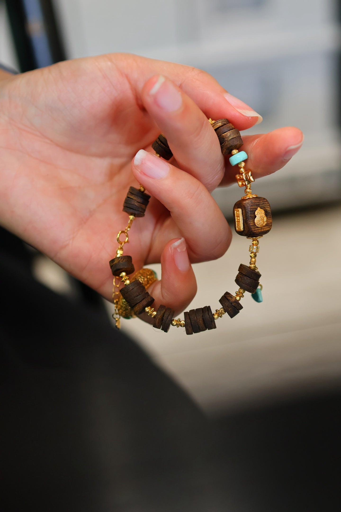 Kynam Agarwood Bracelet, Carved Focal Cube & Sky-Blue Turquoise